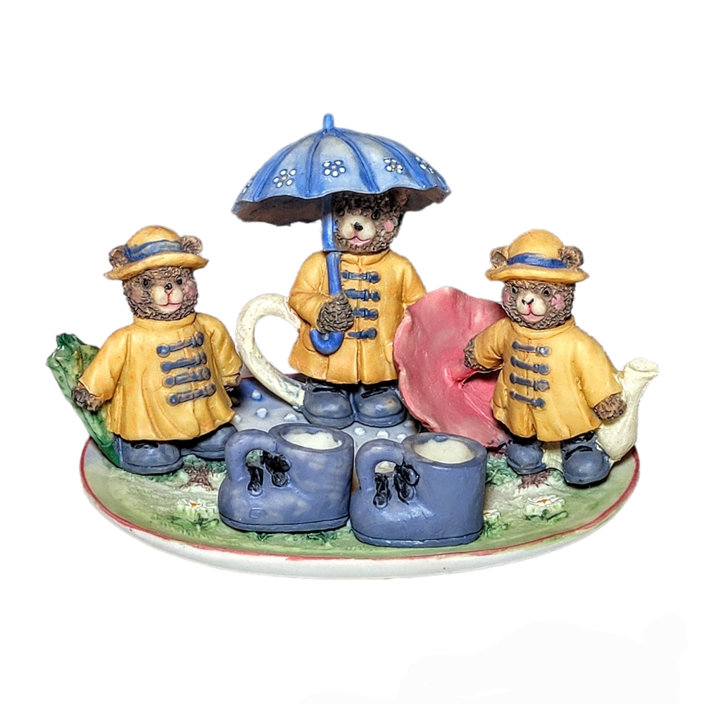 Vintage Mini Resin Teddy Bear Rain Raincoat Umbrella Tea Set Dollhouse Miniature